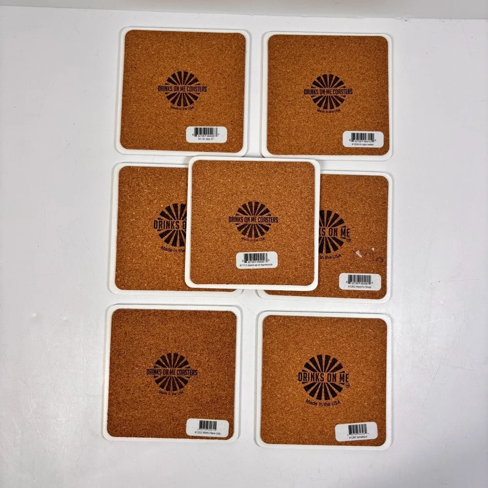 DRINKS ON ME Drink Coasters SET OF 7 Assorted Laugh Out Loud Party Funny Lot NEW